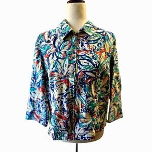 Women's Linen Blend Zip Jacket Botanical Print 3/4 Sleeve Size L Tropical Travel
